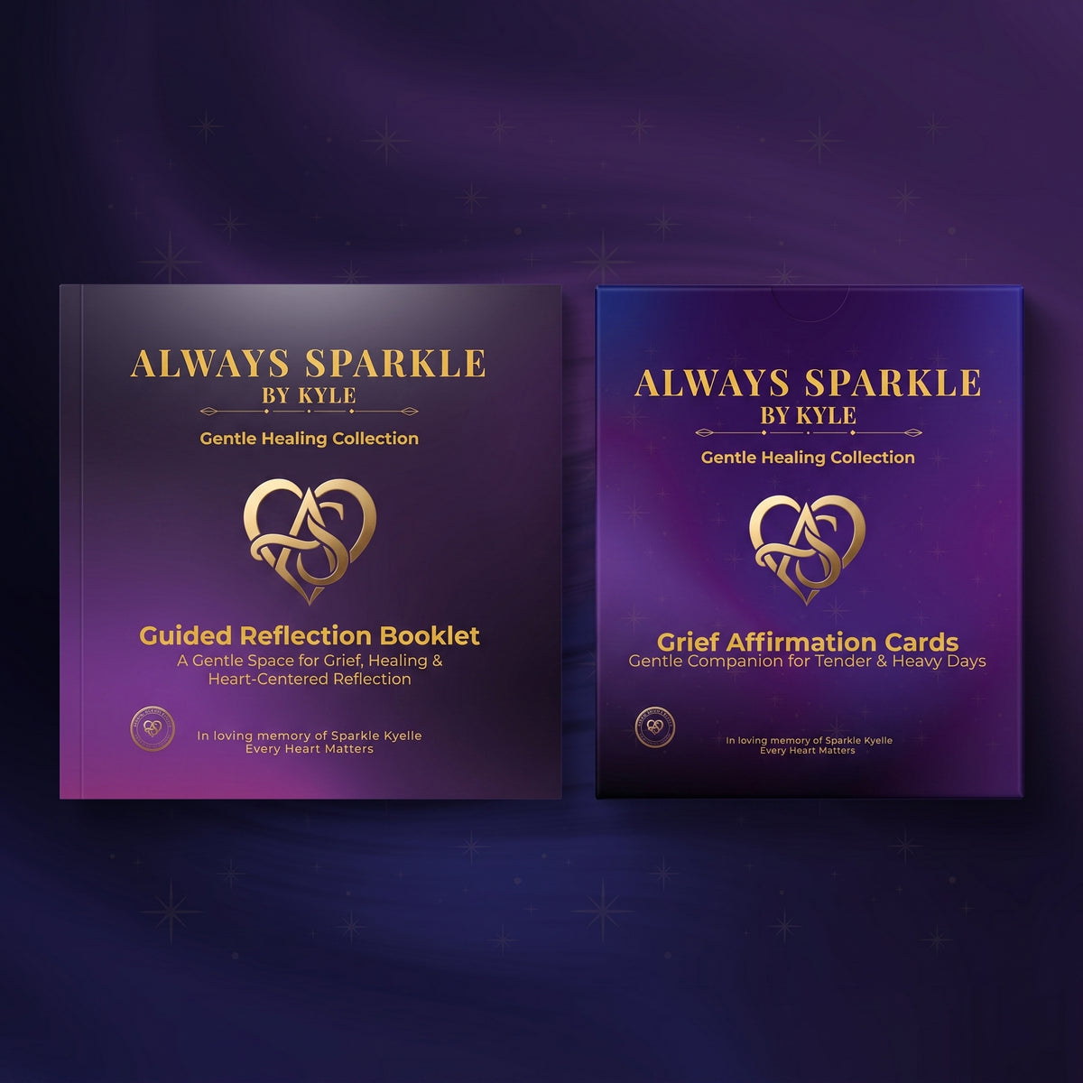 Two product covers displayed side by side on a dark purple background: a 'Always Sparkle by Kyle' guided reflection booklet on the left and a matching grief affirmation cards booklet on the right. Both covers feature a purple-to-blue gradient with gold typography and a gold heart logo.