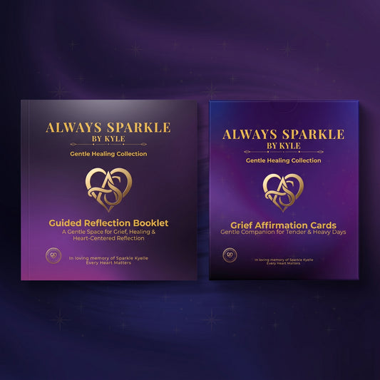 Two product covers displayed side by side on a dark purple background: a 'Always Sparkle by Kyle' guided reflection booklet on the left and a matching grief affirmation cards booklet on the right. Both covers feature a purple-to-blue gradient with gold typography and a gold heart logo.