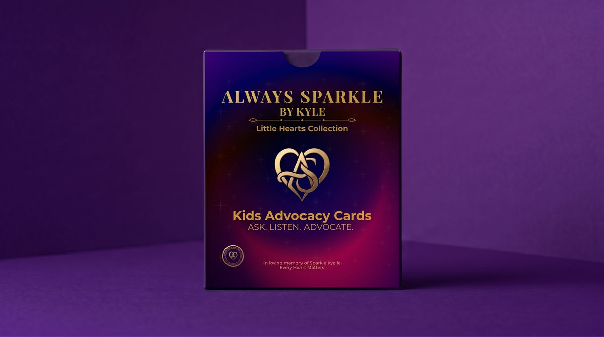 The product packaging for 'Always Sparkle By Kyle' Kids Advocacy Cards, featuring a deep purple box with gold lettering and a heart-shaped logo on a white background.