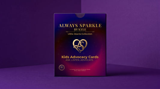 The product packaging for 'Always Sparkle By Kyle' Kids Advocacy Cards, featuring a deep purple box with gold lettering and a heart-shaped logo on a white background.