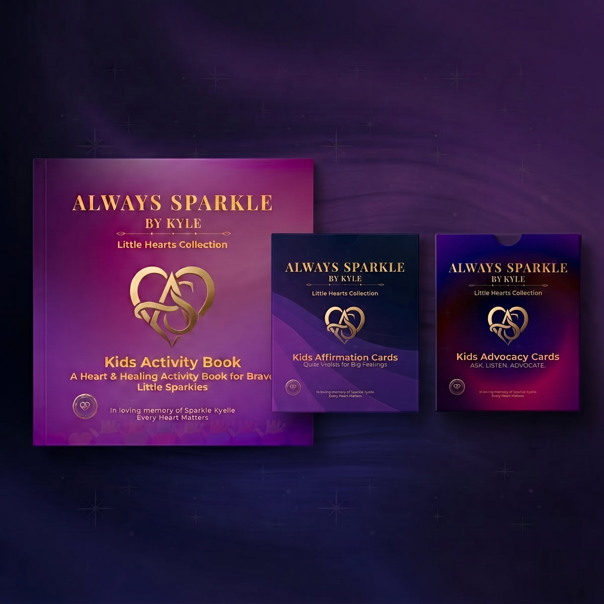 A children's activity book and two matching card boxes from the 'Always Sparkle by Kyle' Little Hearts Collection, displayed on a dark purple background. The main book is purple with gold lettering, and the two boxes behind it are dark blue and purple with gold lettering.