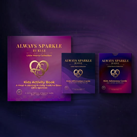 A children's activity book and two matching card boxes from the 'Always Sparkle by Kyle' Little Hearts Collection, displayed on a dark purple background. The main book is purple with gold lettering, and the two boxes behind it are dark blue and purple with gold lettering.